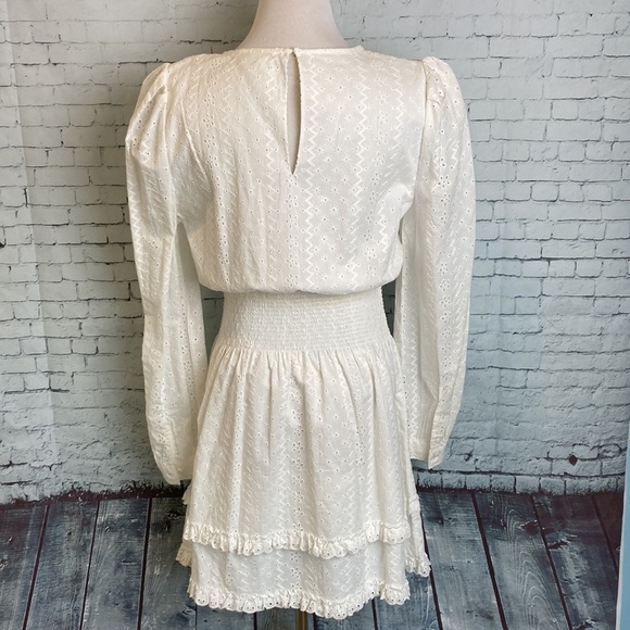 Splendid x Cella Jane Eyelet Mini Dress M White Tiered Smocked Feminine Pretty - Picture 7 of 16